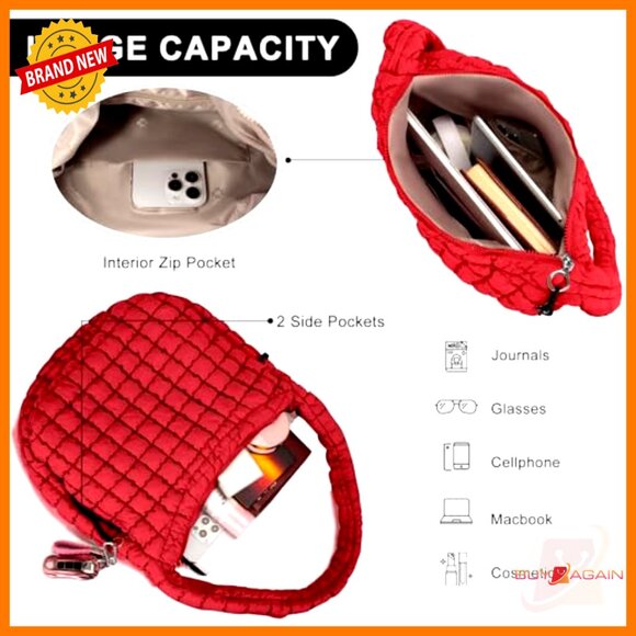 Large Quilted Puffer Tote Bag with Crossbody Strap Lightweight Carryall